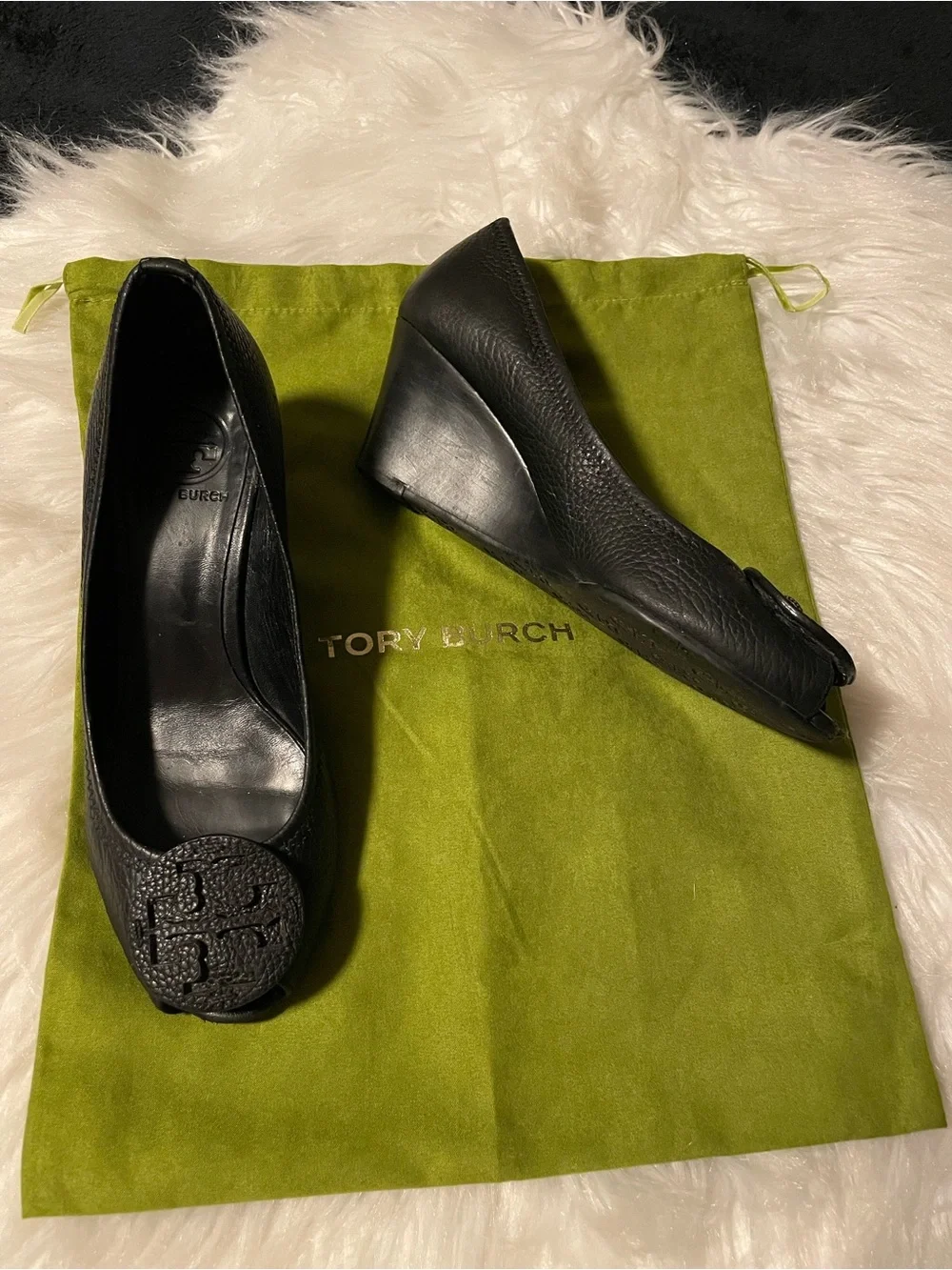 Tory Burch Black Pebbled Very soft Leather Logo Peep-Toe wedge pumps